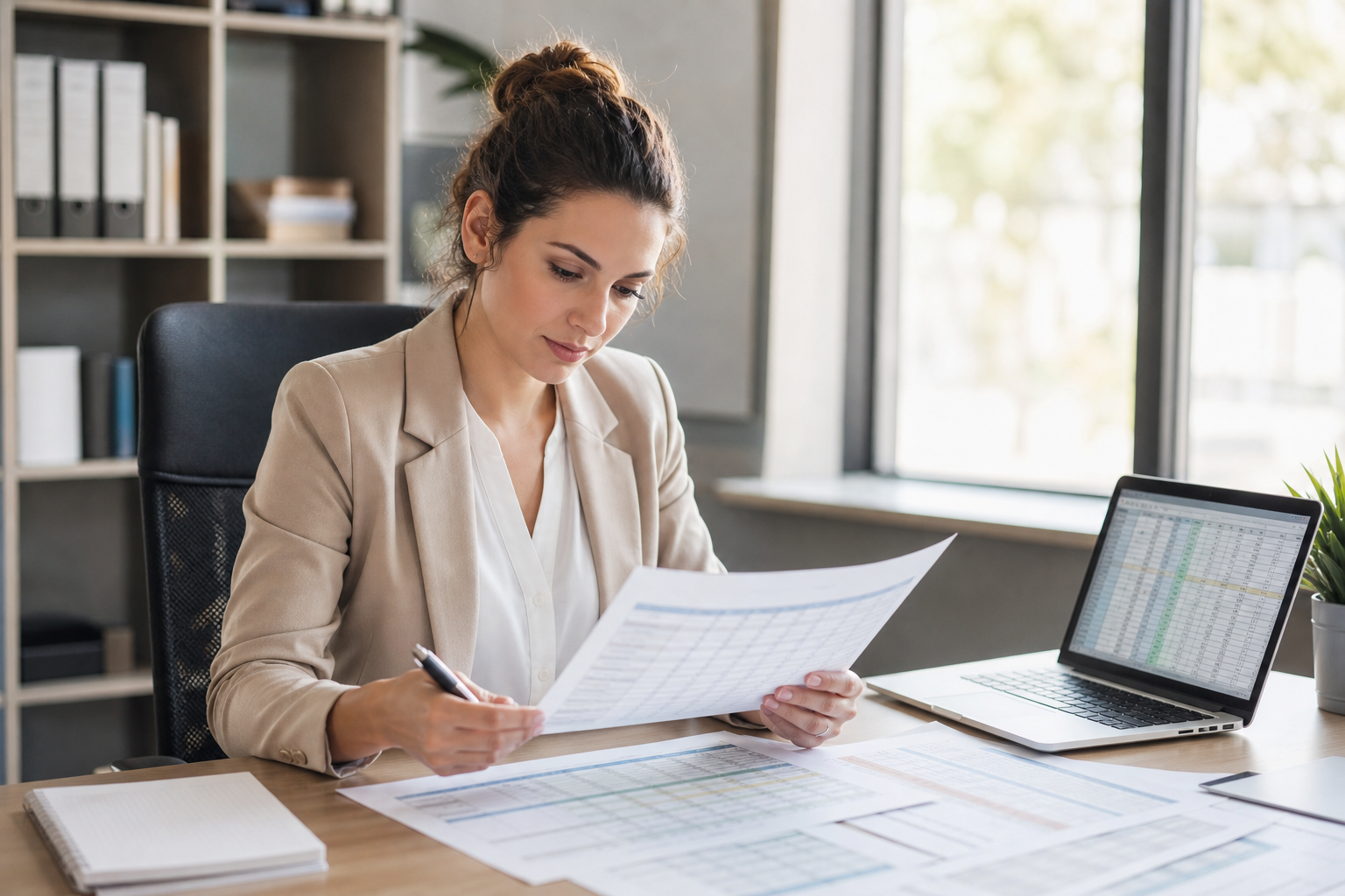 HR specialist reviewing timesheets as part of outsourced payroll coordination