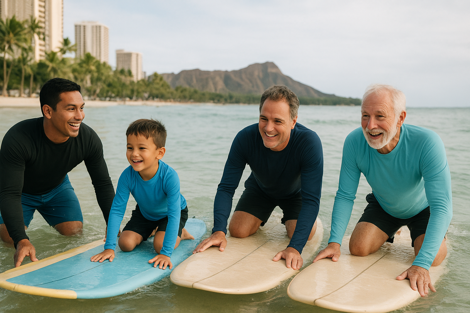 Multigenerational group taking surf lessons with ocean safety training Waikiki instructors