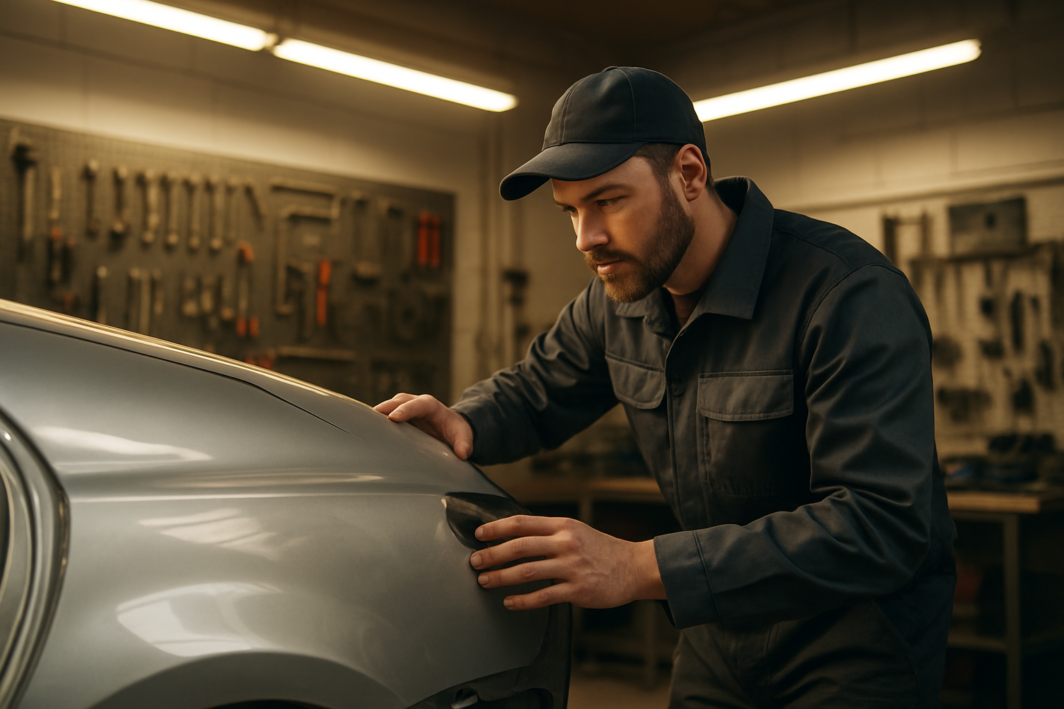 Skilled auto body technician carefully inspecting a vehicle panel inside a professional family-owned repair shop