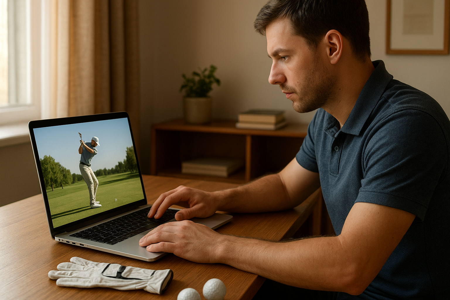 Amateur golfer reviewing swing footage during remote golf coaching for amateurs session