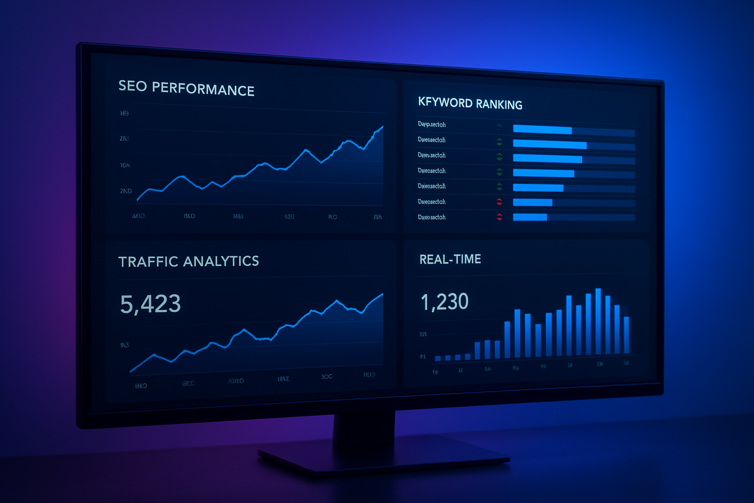 Real-time SEO tracking dashboard showing live keyword rankings and traffic analytics