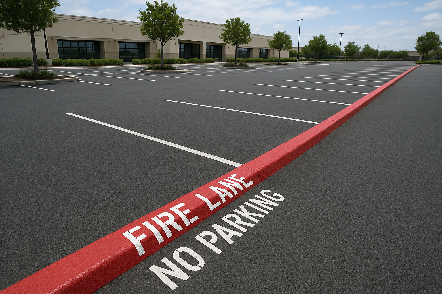 Red curb painted for fire lane compliance marking outside a commercial building