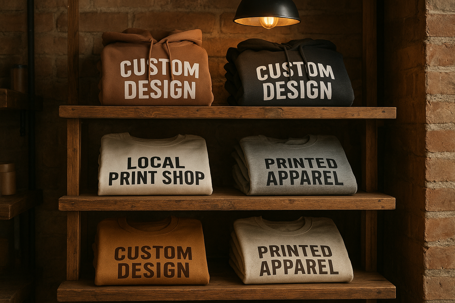 Rack of custom printed hoodies and t-shirts inside a small apparel print shop