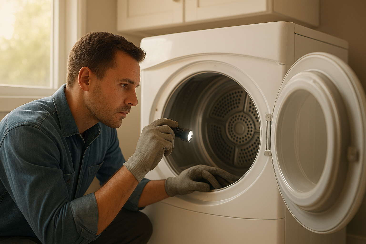 Technician performing dryer repair on the internal components of a clothes dryer