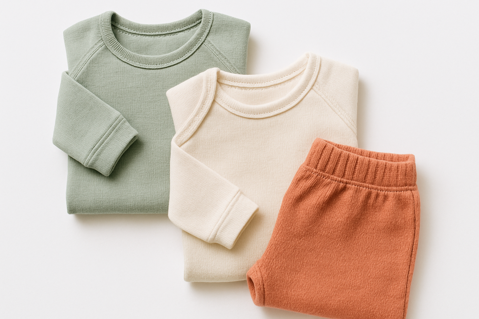 Flat lay of sustainable children's clothing in organic cotton and bamboo fabrics