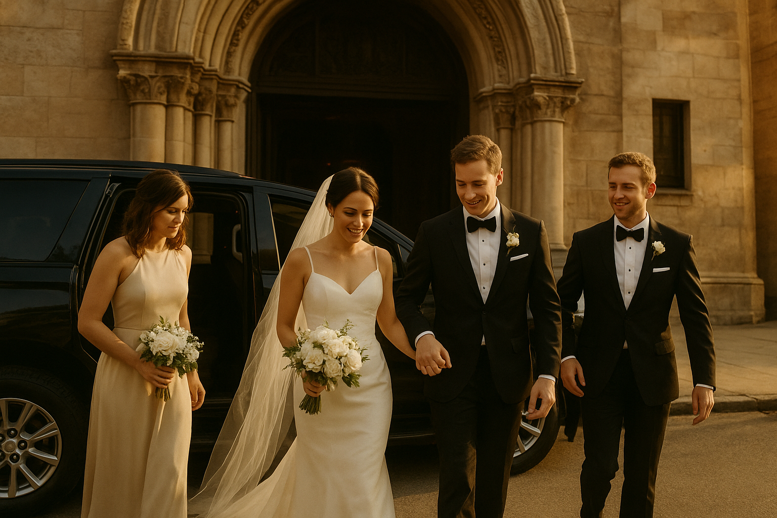 Wedding party exiting a luxury SUV arranged through limo service at an event venue entrance