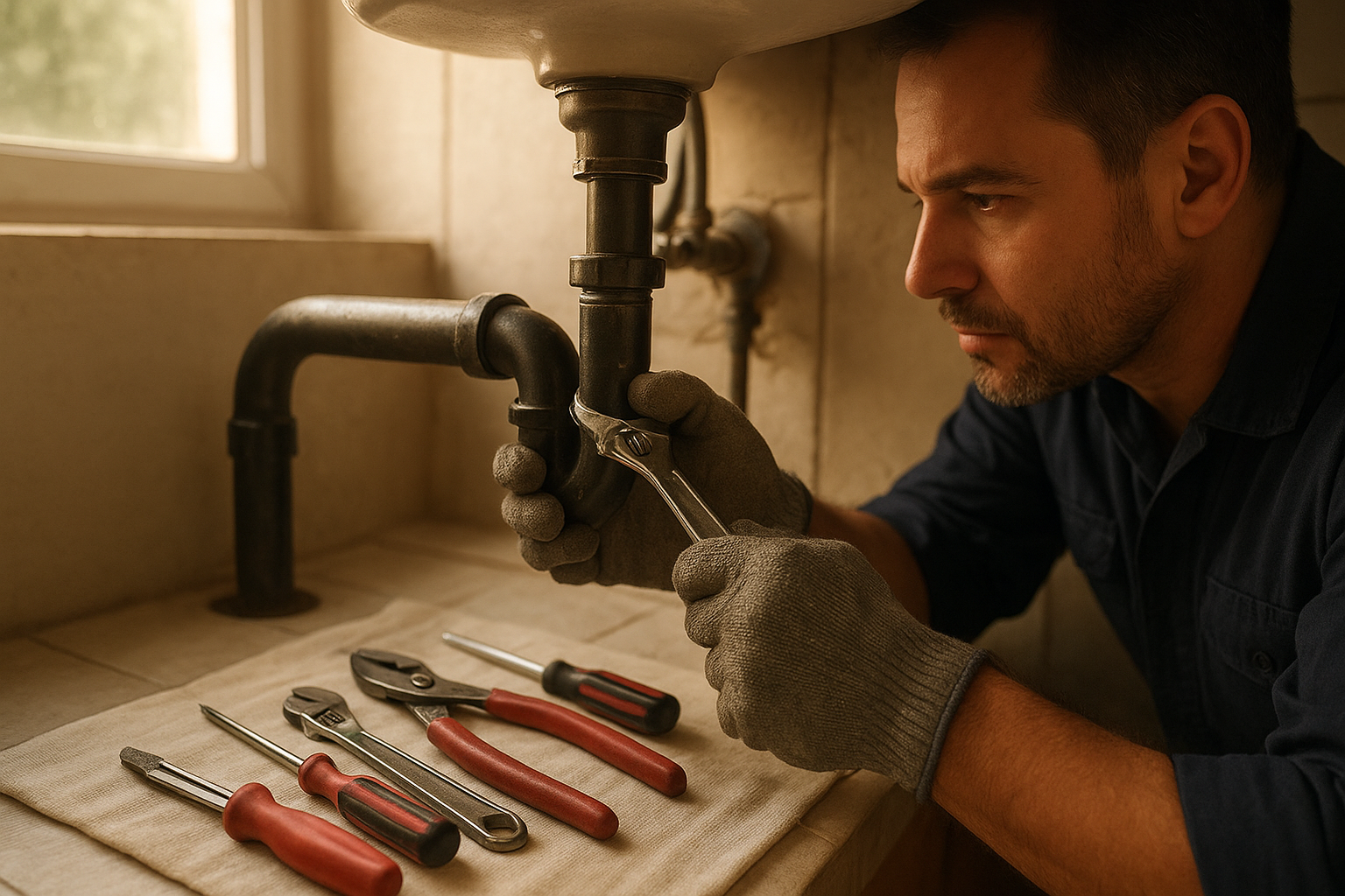 13e8027b_kitchen-plumbing-repair-terrell Plumber performing kitchen plumbing repair Terrell homeowners trust under a sink