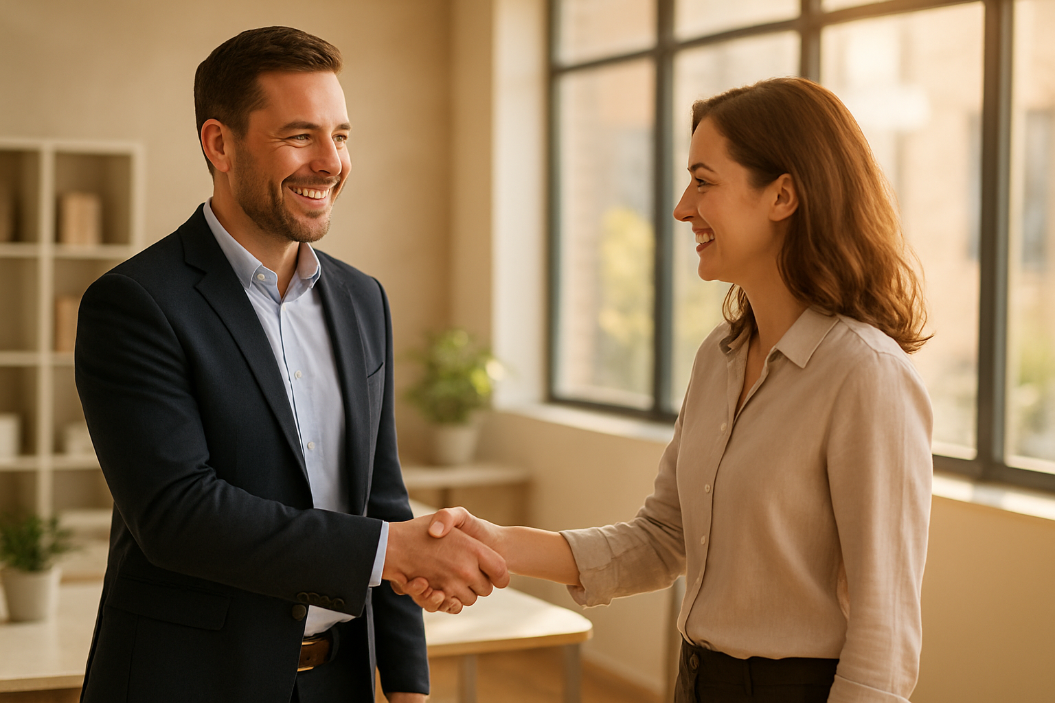 Business leader welcoming a new hire as part of a talent management program