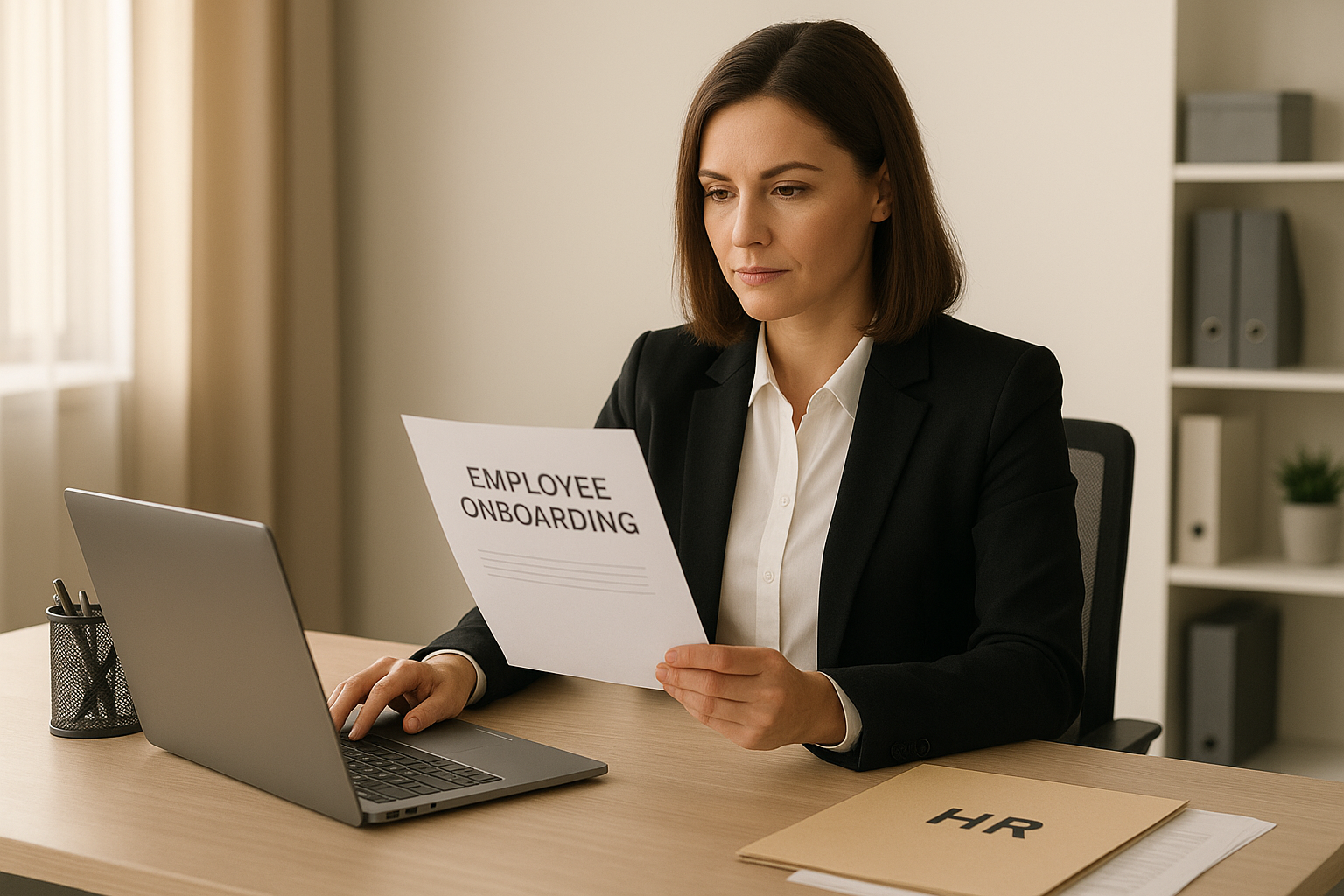 HR administrator reviewing onboarding documents at a modern office desk