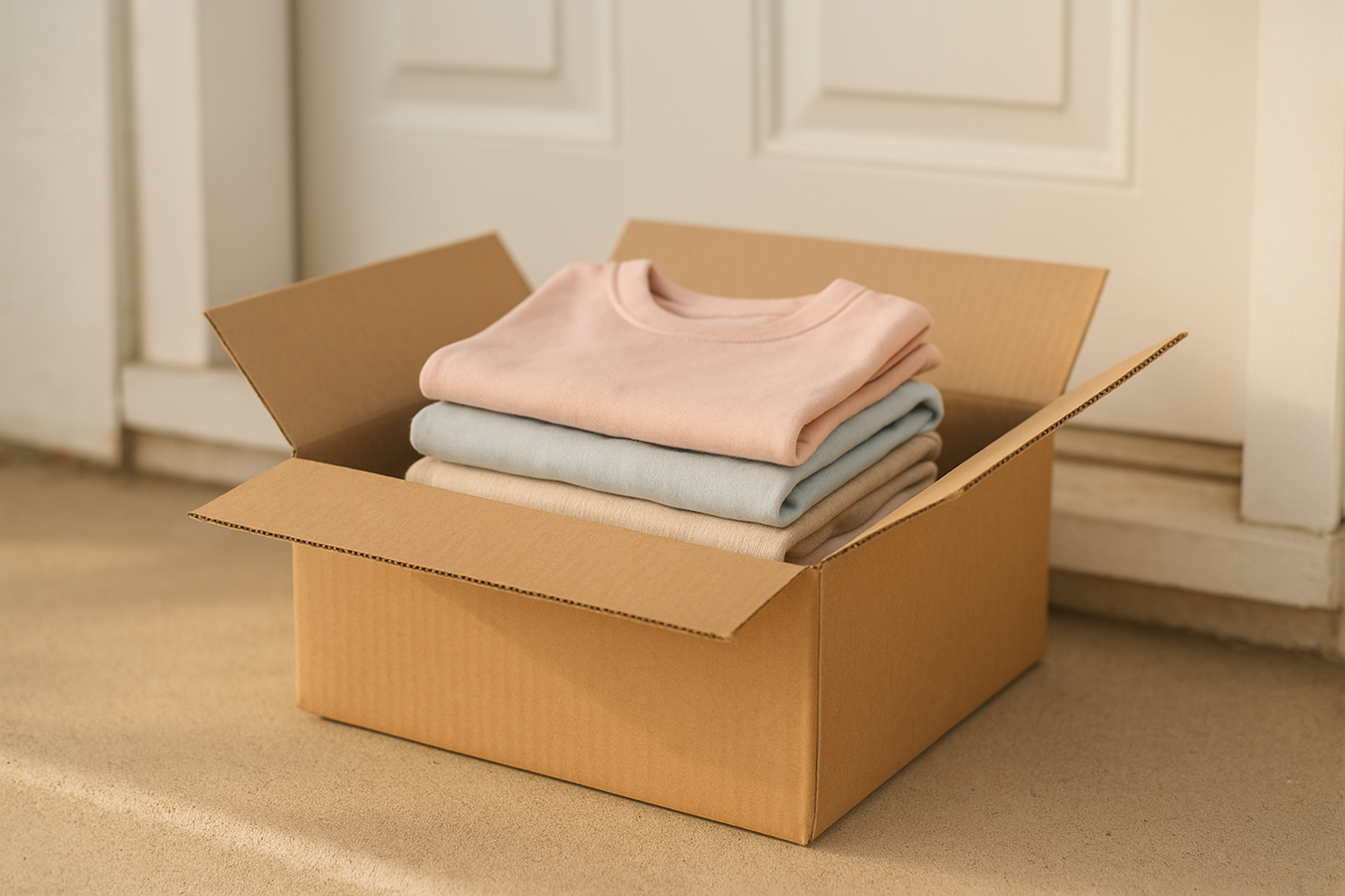 Shipping box delivering a children's wardrobe rental subscription order to a family's home
