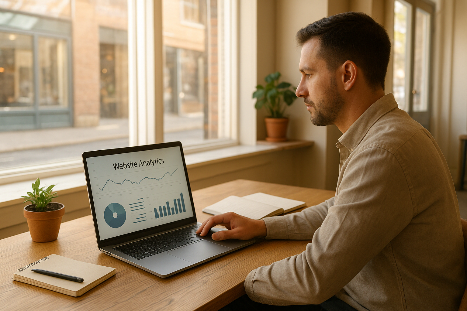 Small business owner reviewing SEO for small business owners analytics on a laptop