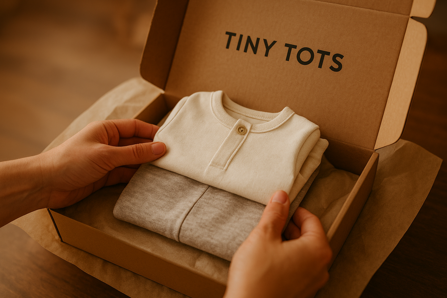 Parent packing a swapped outfit for return in a baby clothes rental subscription box