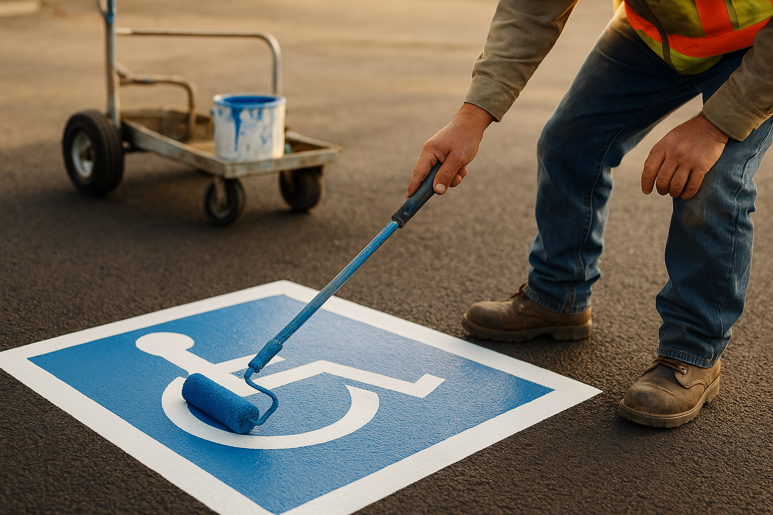 Worker painting ADA compliant handicap symbol as part of accessible parking marking project