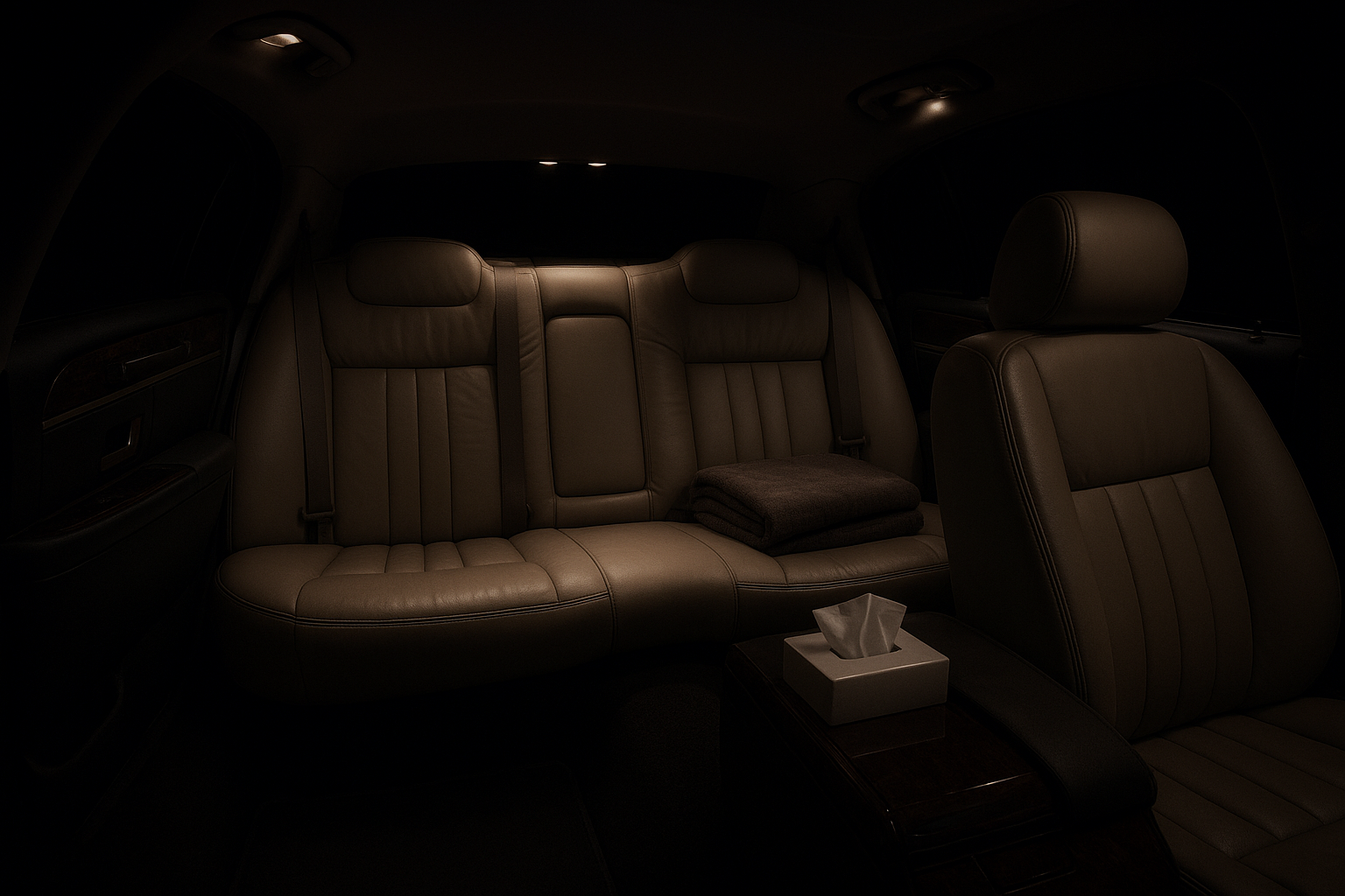 Quiet limousine interior arranged for a funeral service in Culver City
