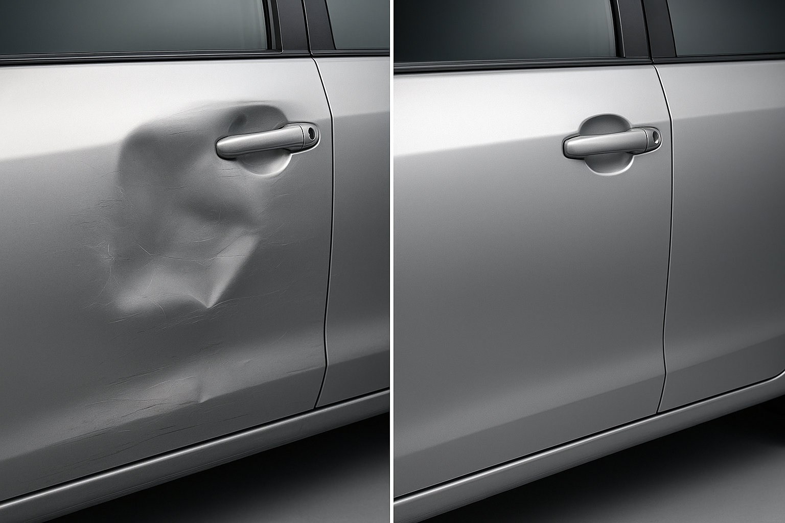 Before and after dent repair on a car door panel showing the quality of professional auto body work in Brea CA