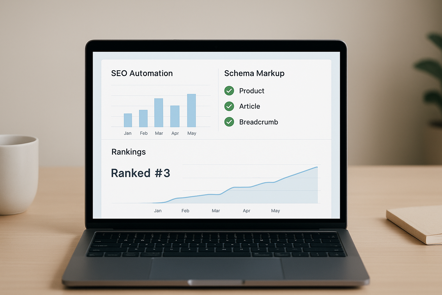 SEO automation for e-commerce dashboard showing automated technical fixes and schema markup