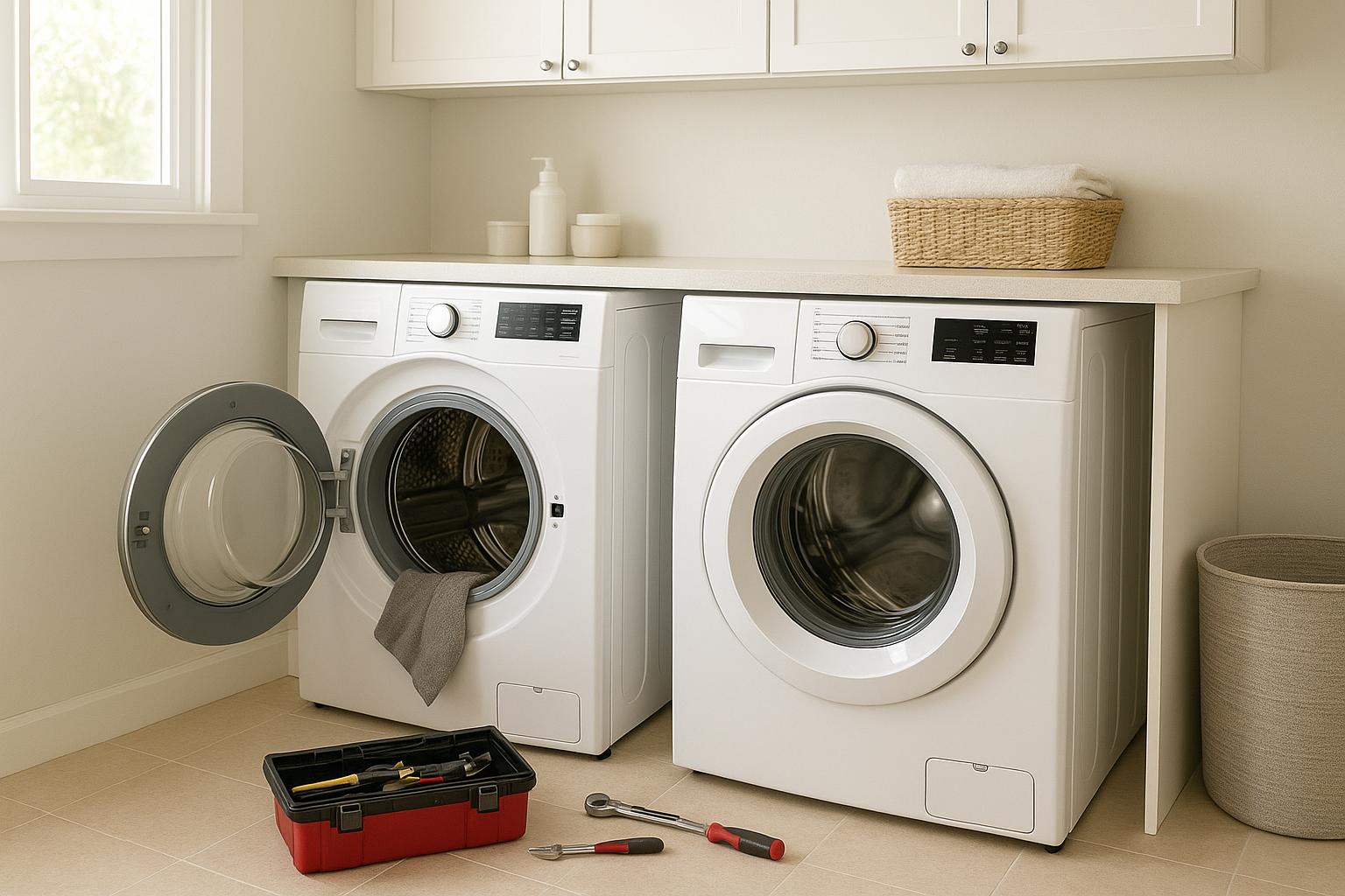 Washer and dryer prepared for multi-appliance repair service in a home laundry room