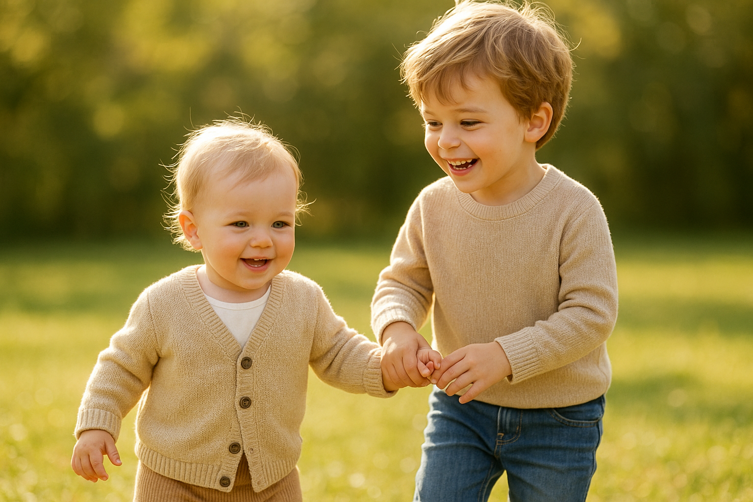 Two young children wearing affordable designer kids wear while playing outside