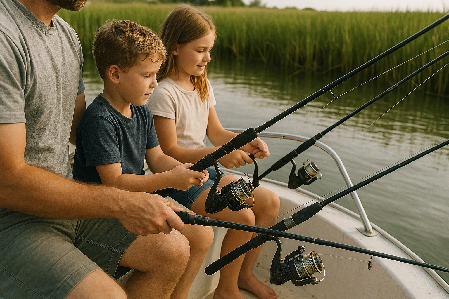 Family learning to fish together on a calm inshore charter suited for beginners