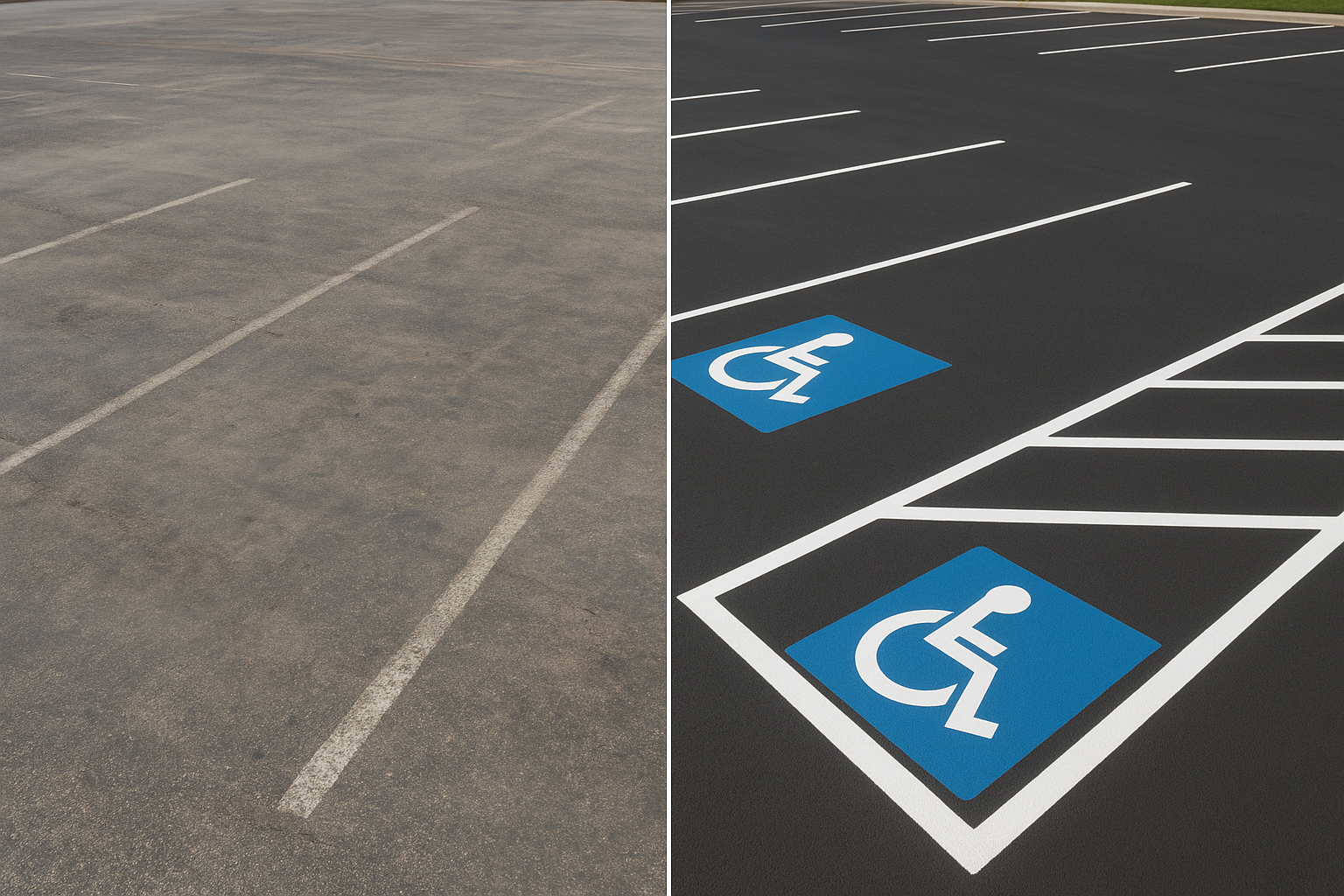 Before and after comparison of a faded parking lot and a freshly restriped lot with clear white lines and ADA markings