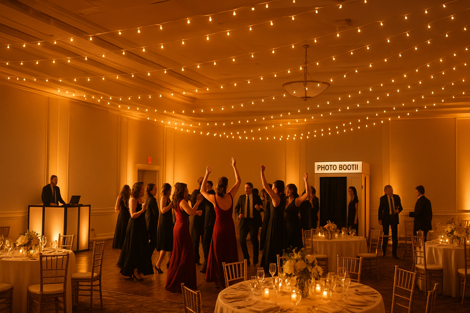 Lighting, staging, and photo booth setup arranged by AV consultants for an Evansville wedding reception