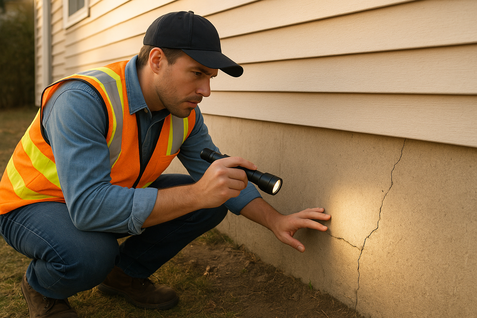 Inspector performing a 21st century home inspection on a residential foundation