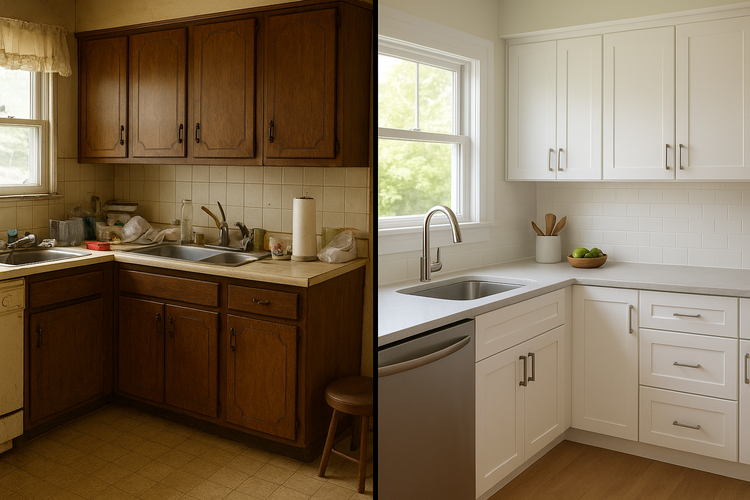 Before and after comparison of an outdated kitchen refreshed through budget-friendly kitchen updates