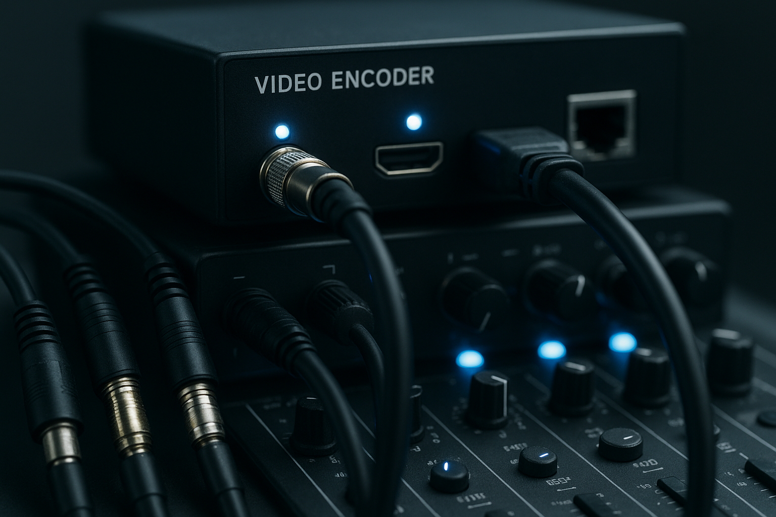 Close-up of a video encoder and audio mixer used to power streaming equipment for events