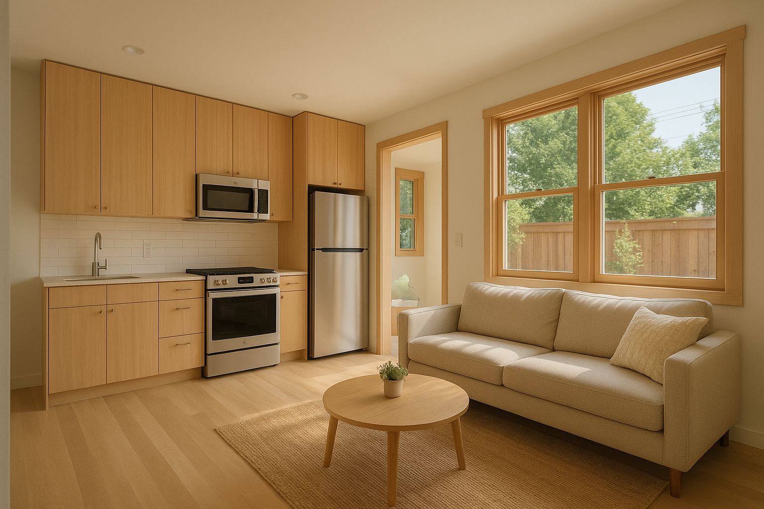 Accessible open-plan interior of a compact ADU designed for multigenerational family use