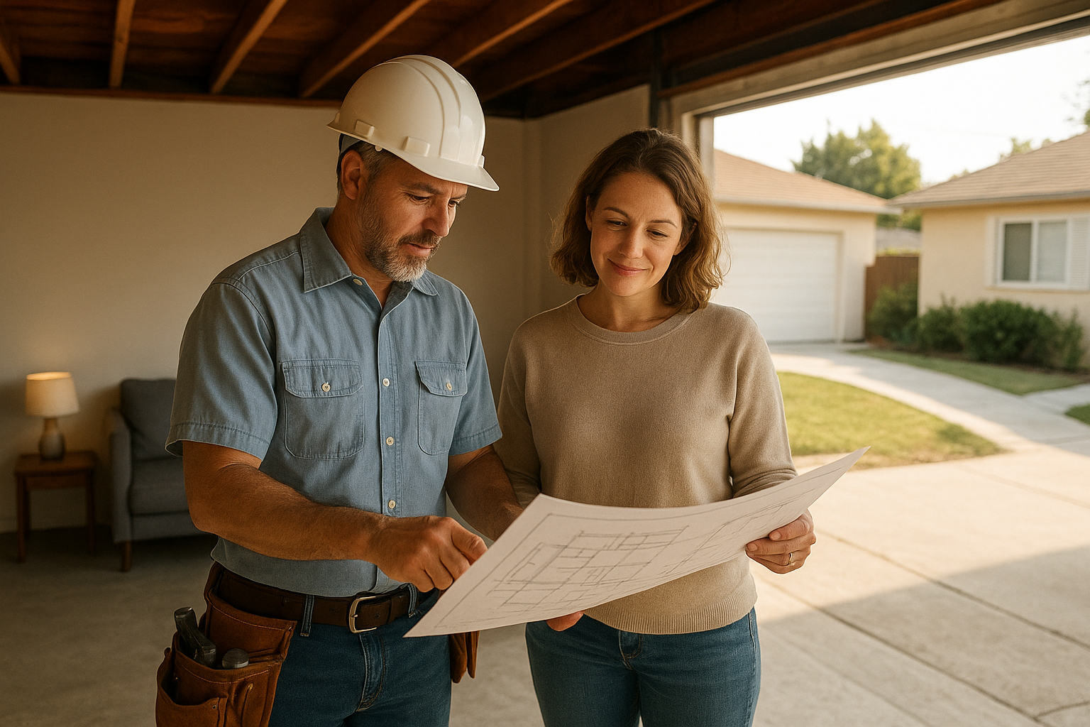 Junior ADU contractors Southern California reviewing garage conversion blueprints with a homeowner