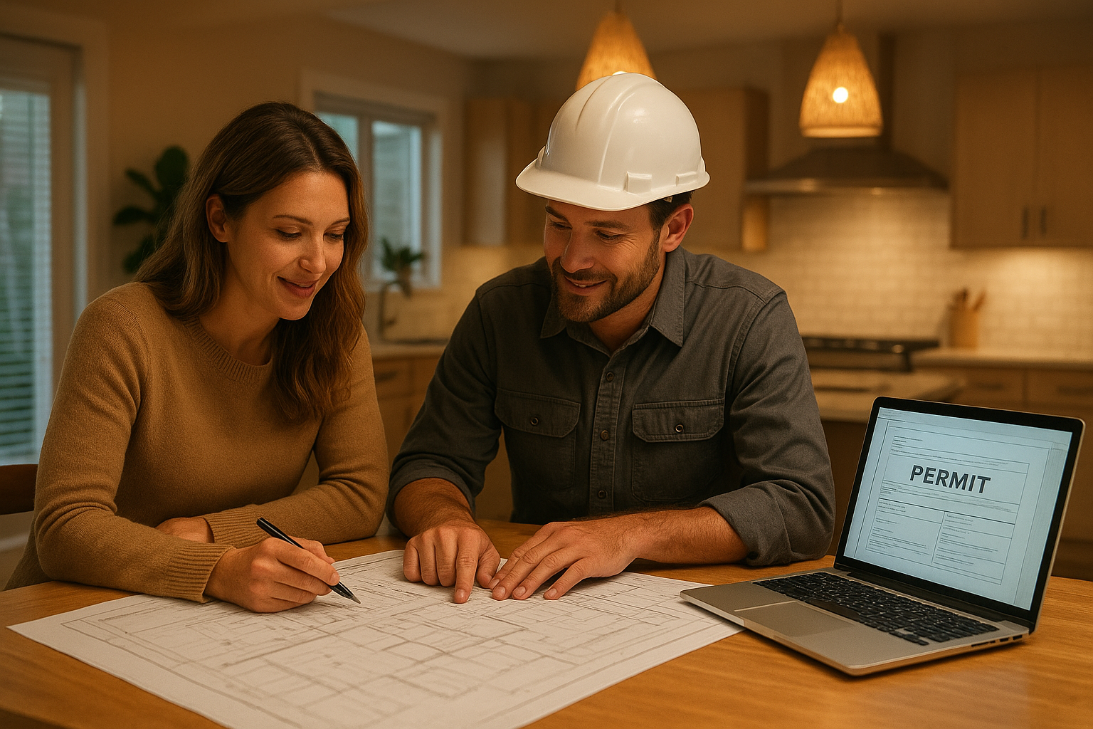 Homeowner and ADU contractor reviewing permit plans to comply with California rental regulations