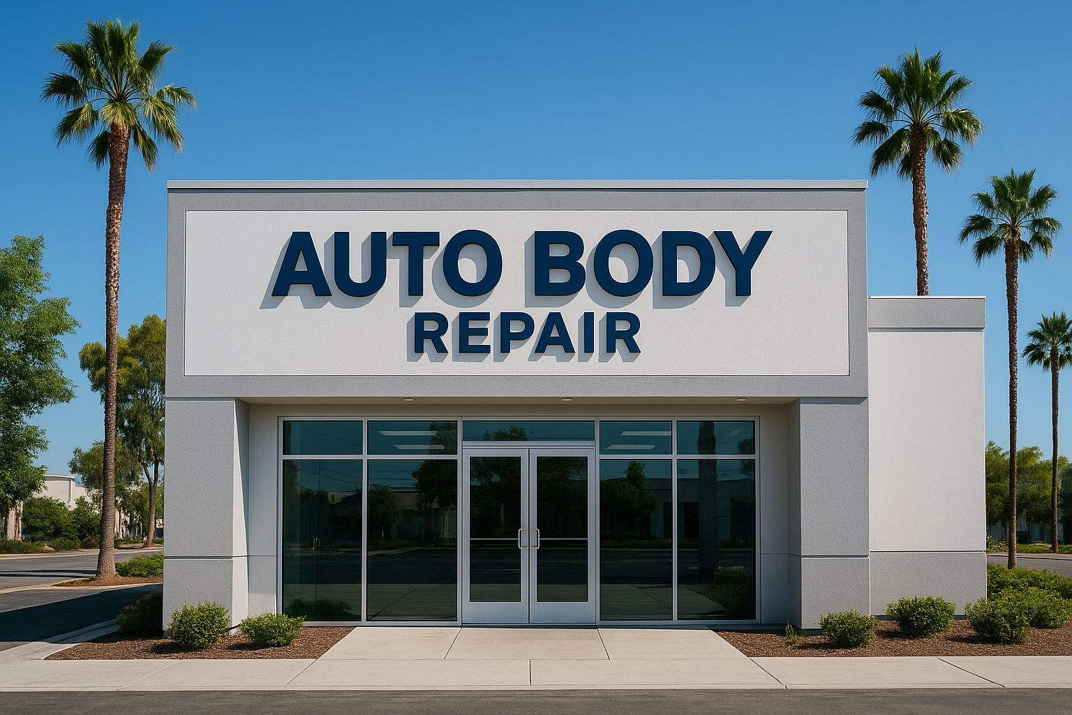 Exterior of a trusted local auto body shop offering car bodyshop repairs near Orange County California