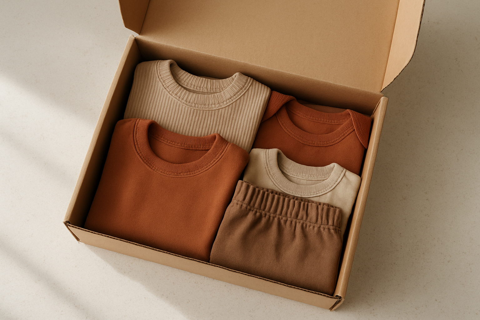 Open shipping box containing a curated bundle of children's clothing from a subscription service