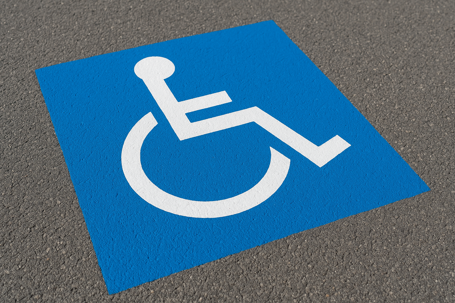 Close-up of a newly painted ADA accessible parking symbol at a retail center