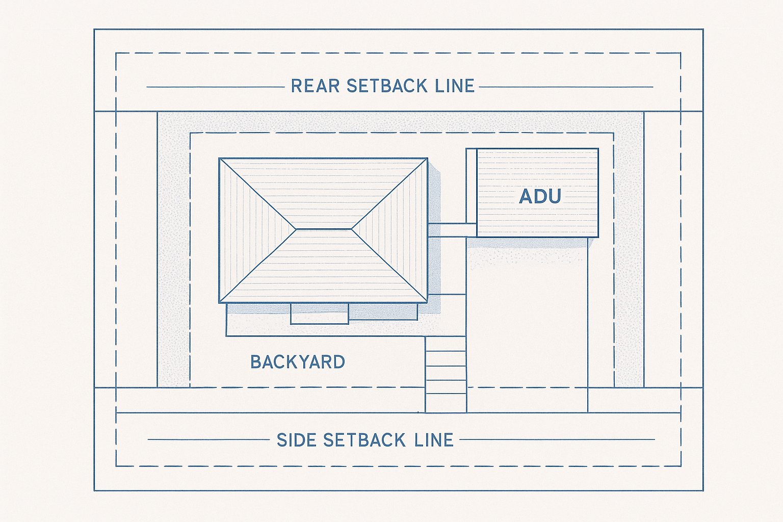 Site plan blueprint showing ADU setback requirements on a residential lot