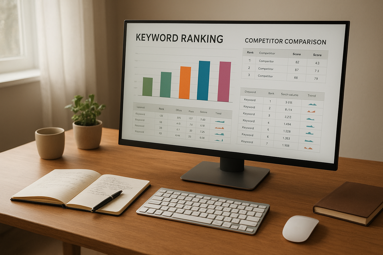 Content creator performing competitor SEO gap analysis on a desktop monitor with keyword charts