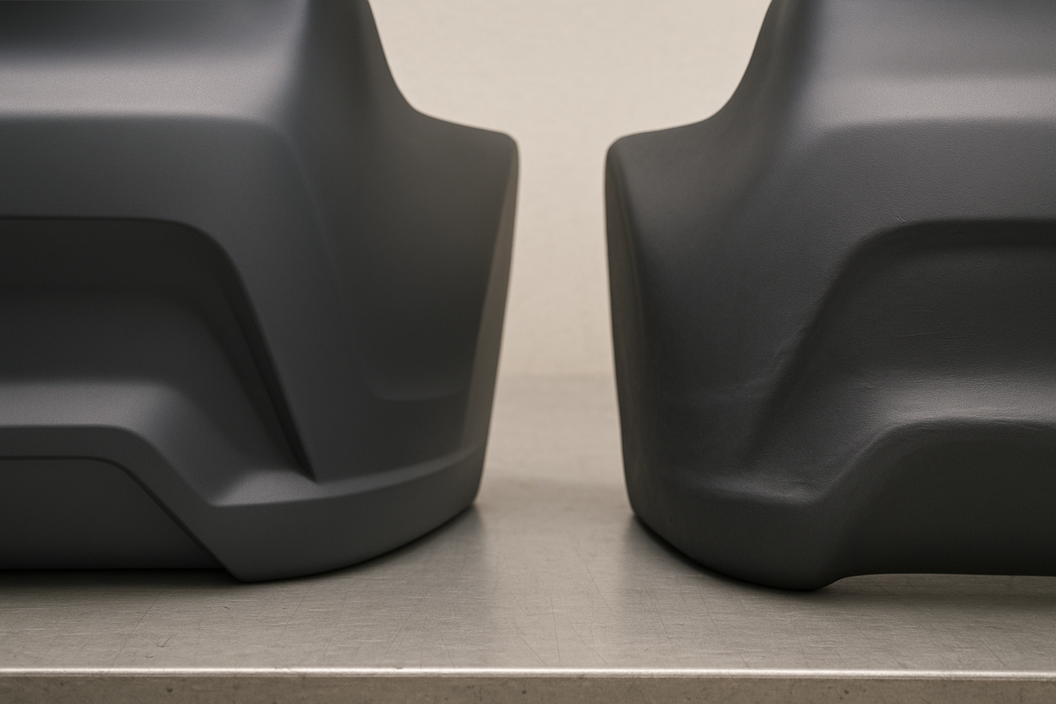 Side-by-side comparison of genuine OEM bumper cover and aftermarket bumper cover on a workbench