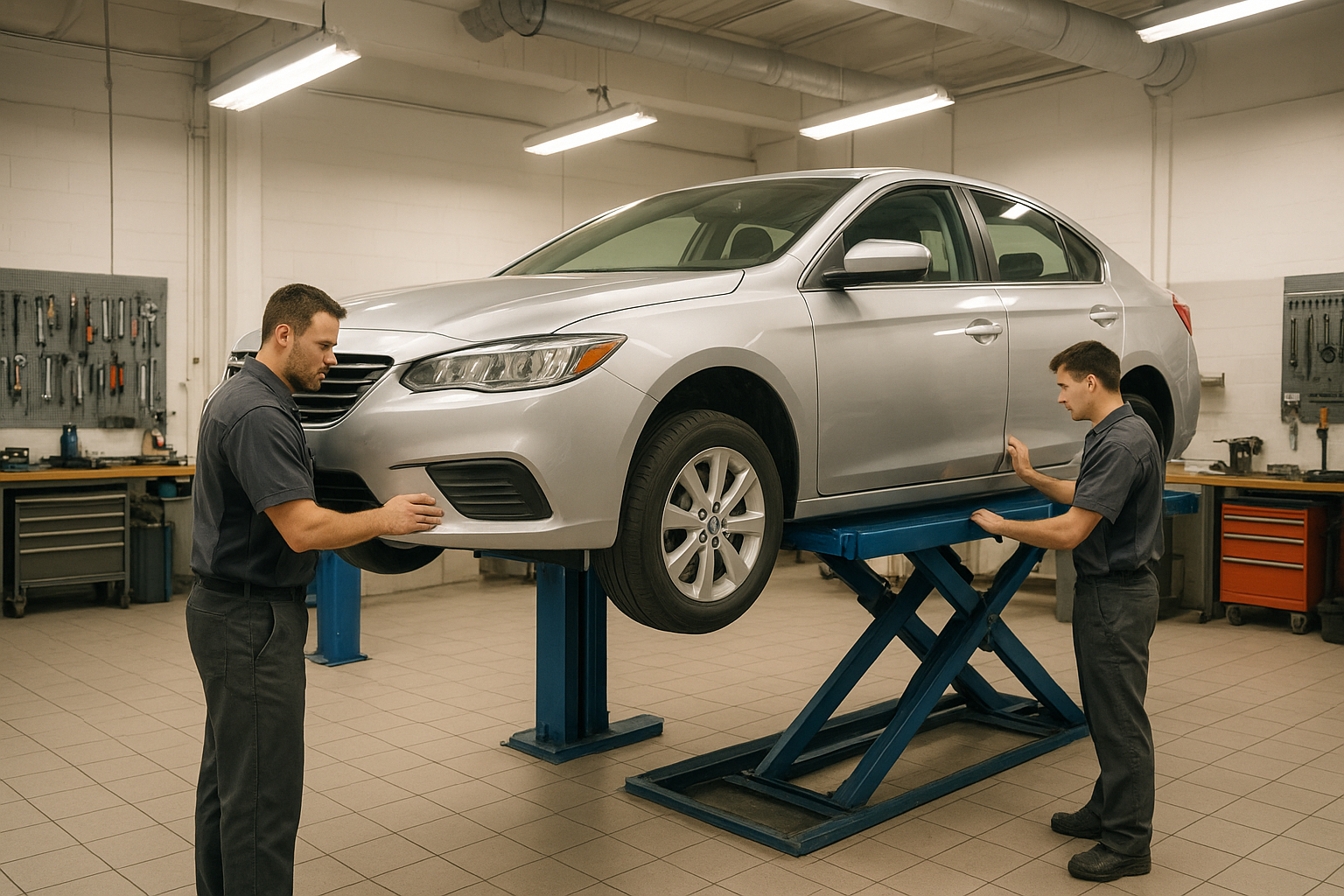 Certified technicians performing brea auto service collision repair inside a professional auto body shop