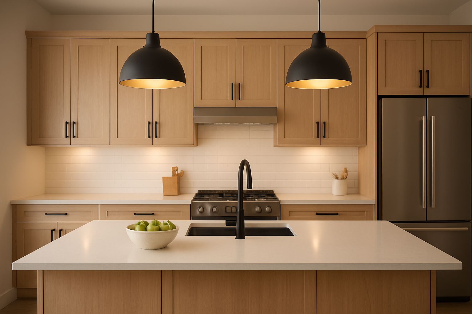 Finished kitchen featuring updated cabinet doors and modern hardware after a refacing project