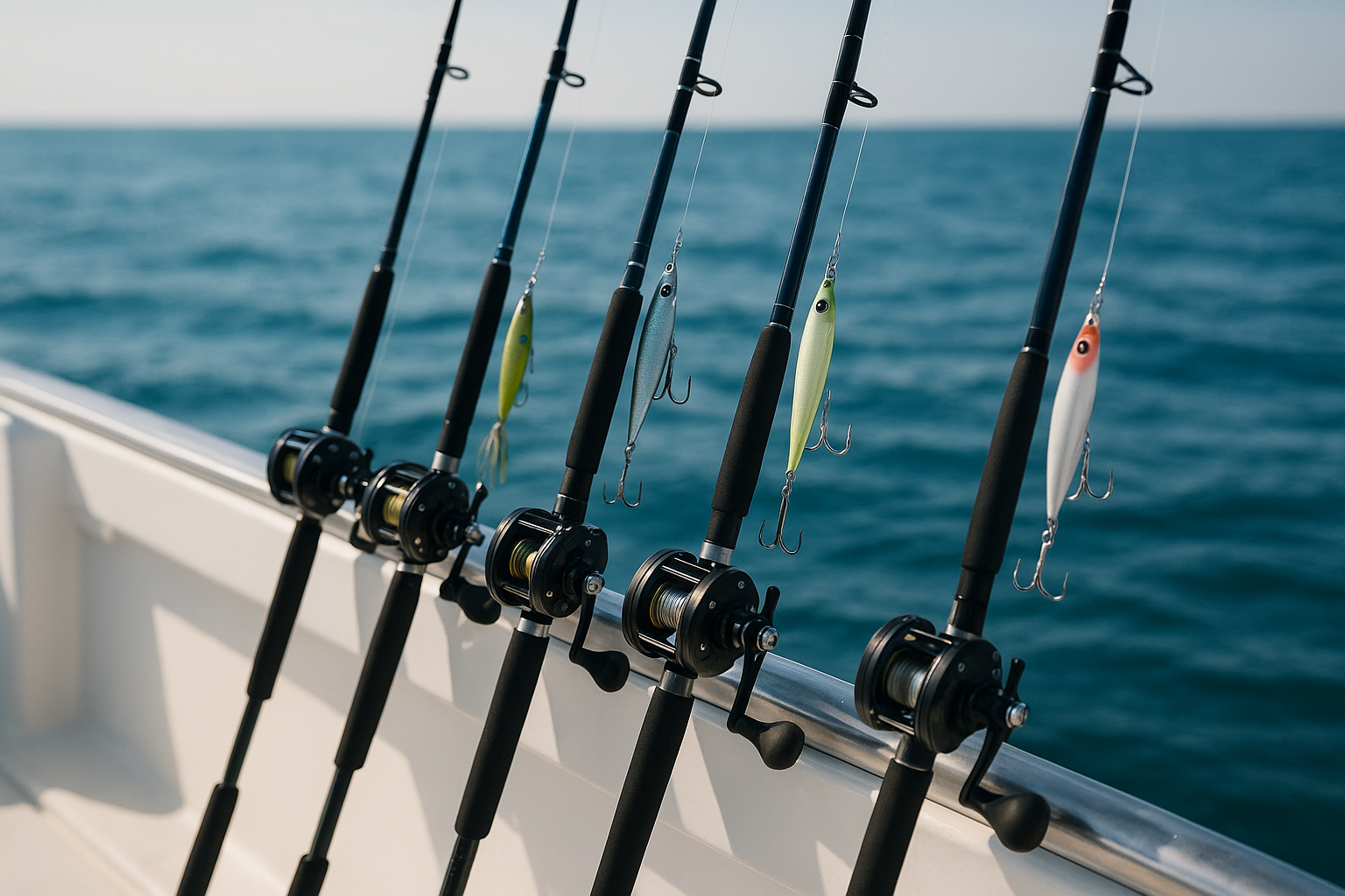 Rods, reels, and tackle provided on a deep sea fishing charter boat in Myrtle Beach