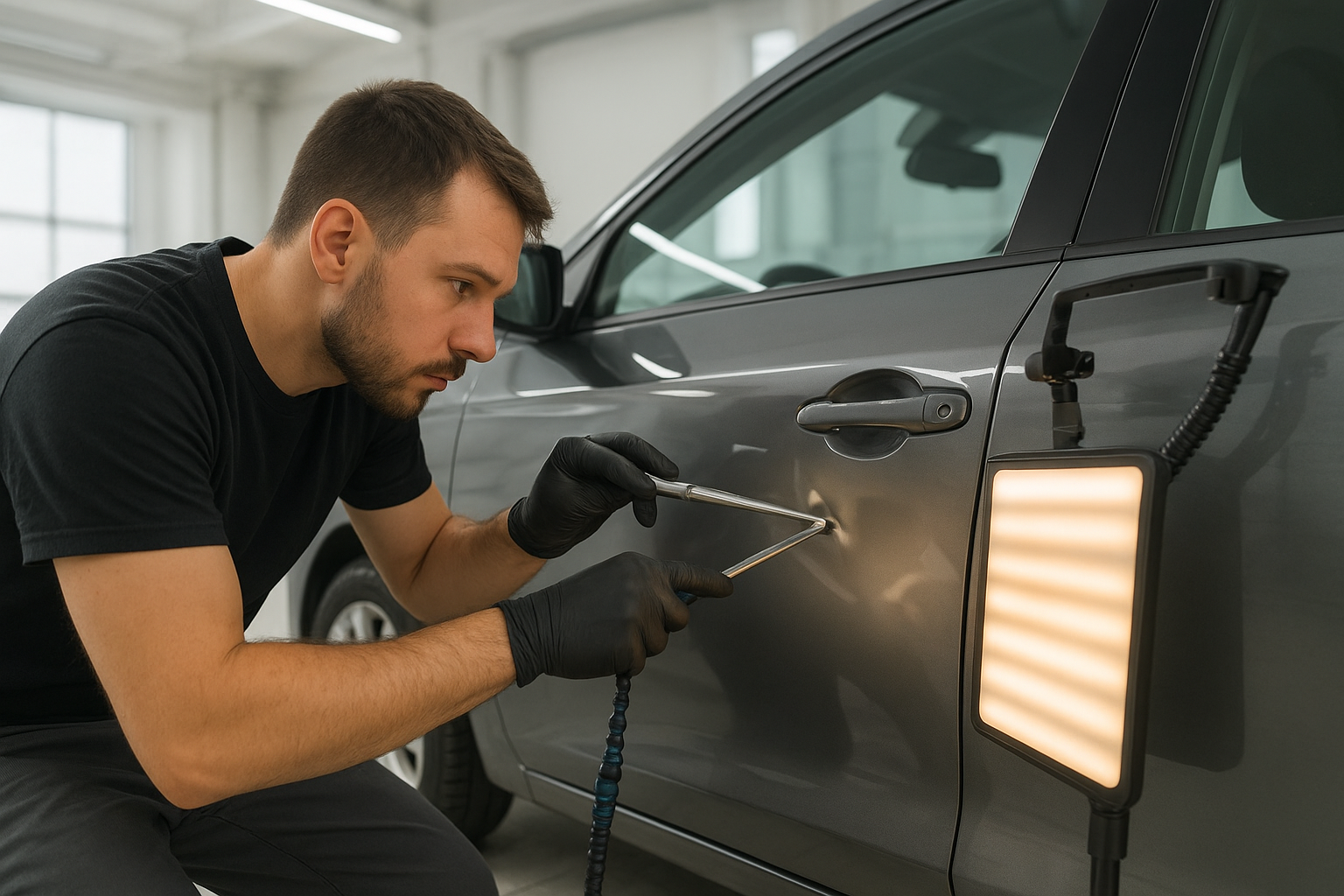 Paintless dent repair technician using specialized tools on a vehicle door panel