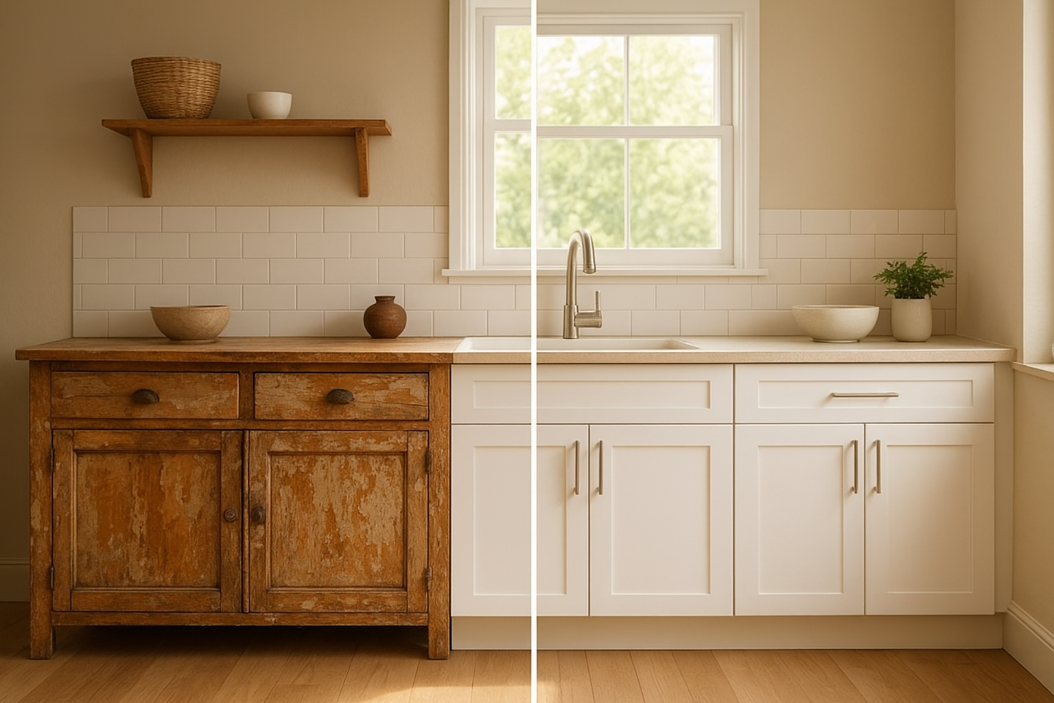 Before and after comparison showing updates for outdated cabinets in a bright kitchen