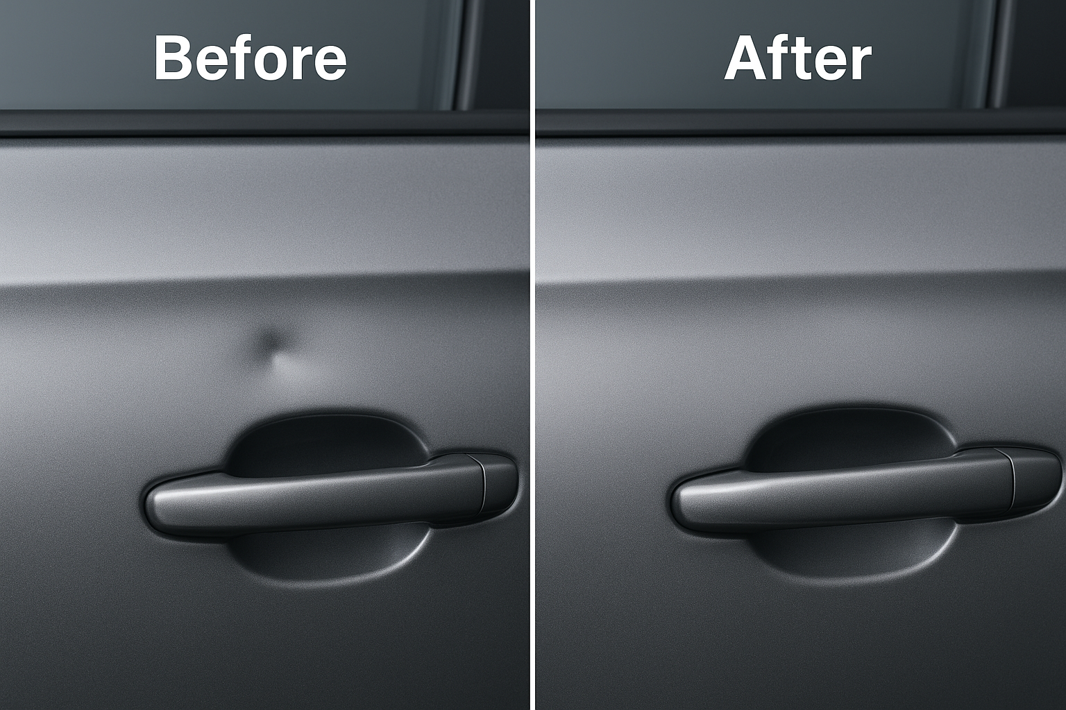 Close-up comparison of a car door panel before and after paintless dent repair