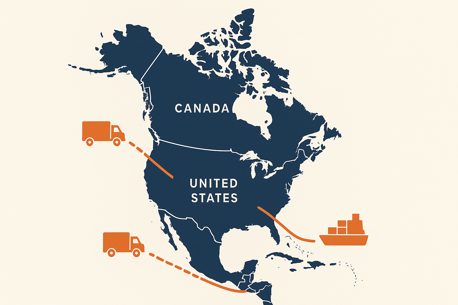 Illustrated map showing cross-border shipping routes between the United States, Canada, and Mexico