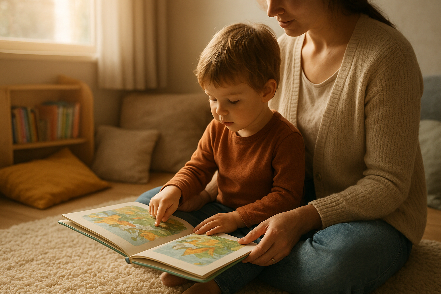 Adult and child reading together during a core vocabulary book session