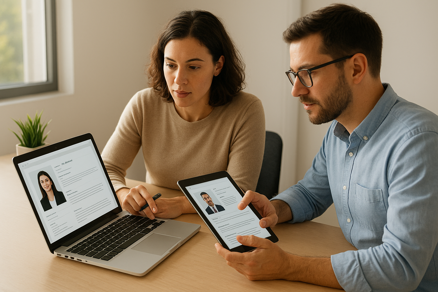 HR professionals discussing recruiting and talent management strategy in an office