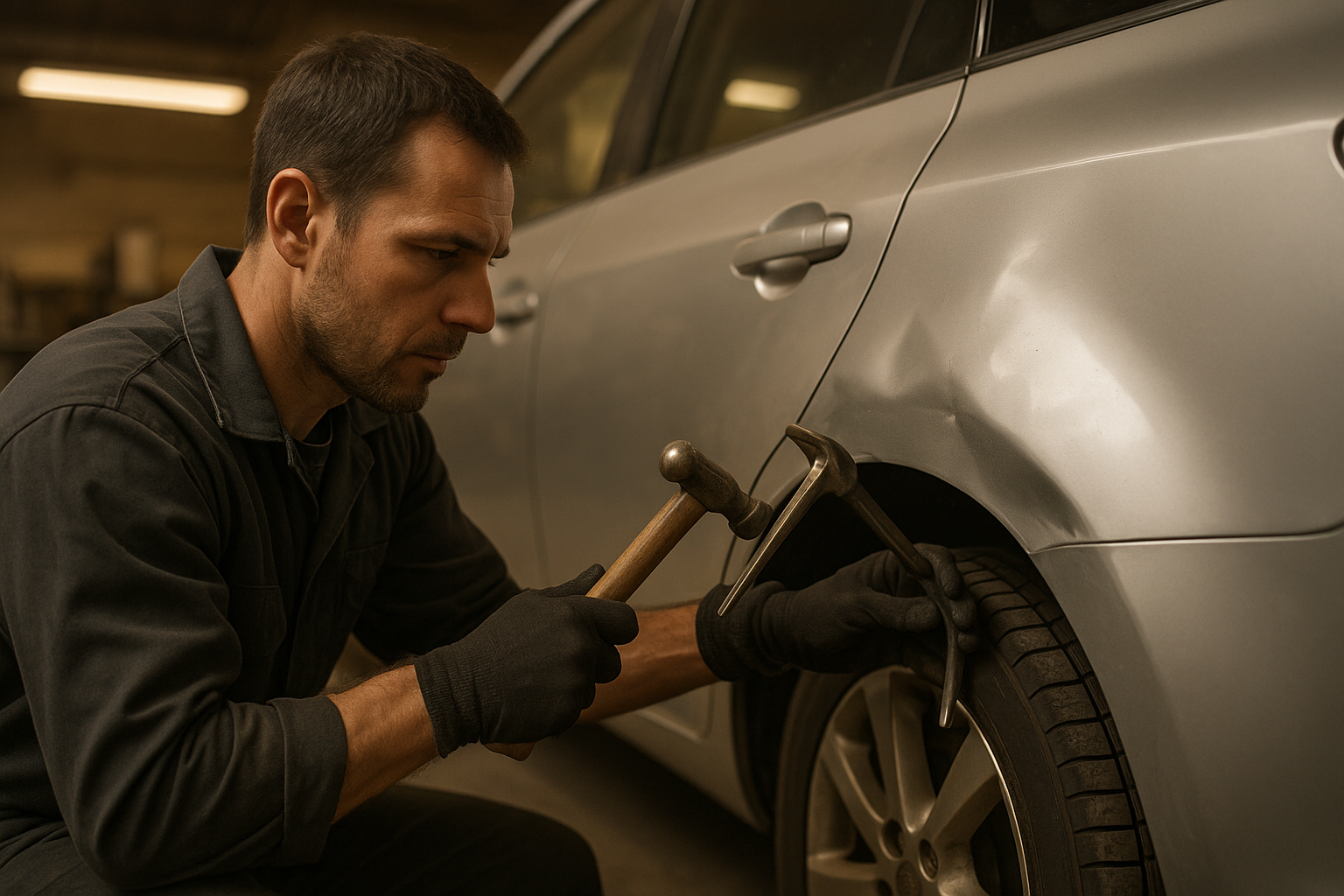 Auto body technician performing body repairs on a silver car panel in a professional repair shop