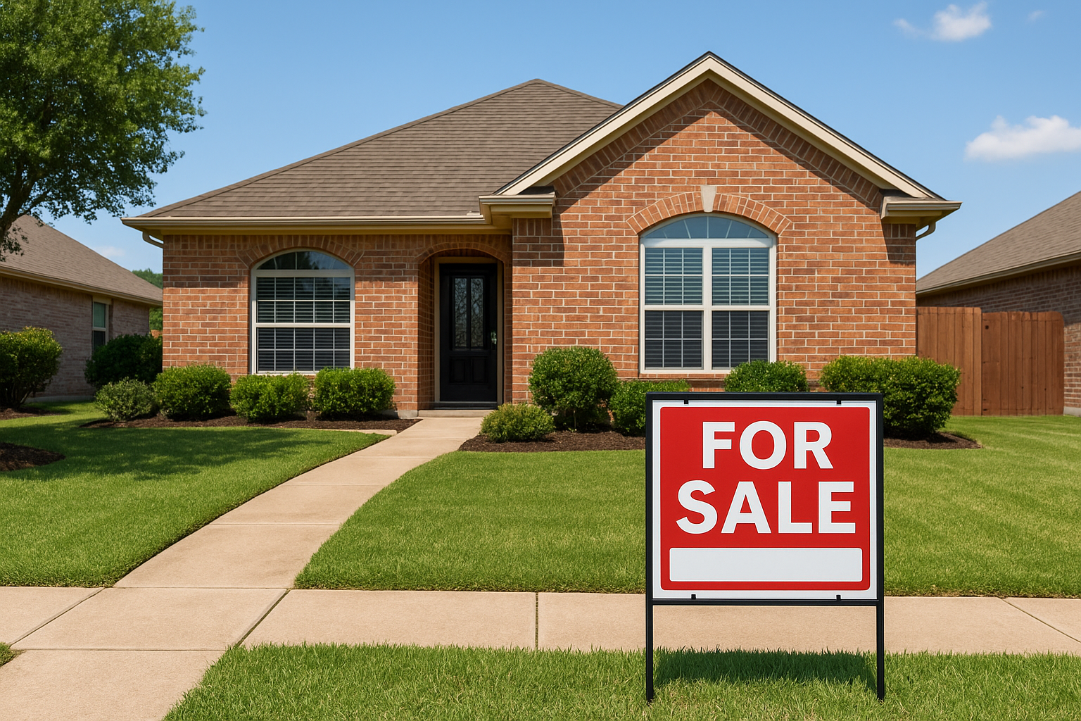 For sale sign in front of a vacant single-story home in a San Antonio neighborhood