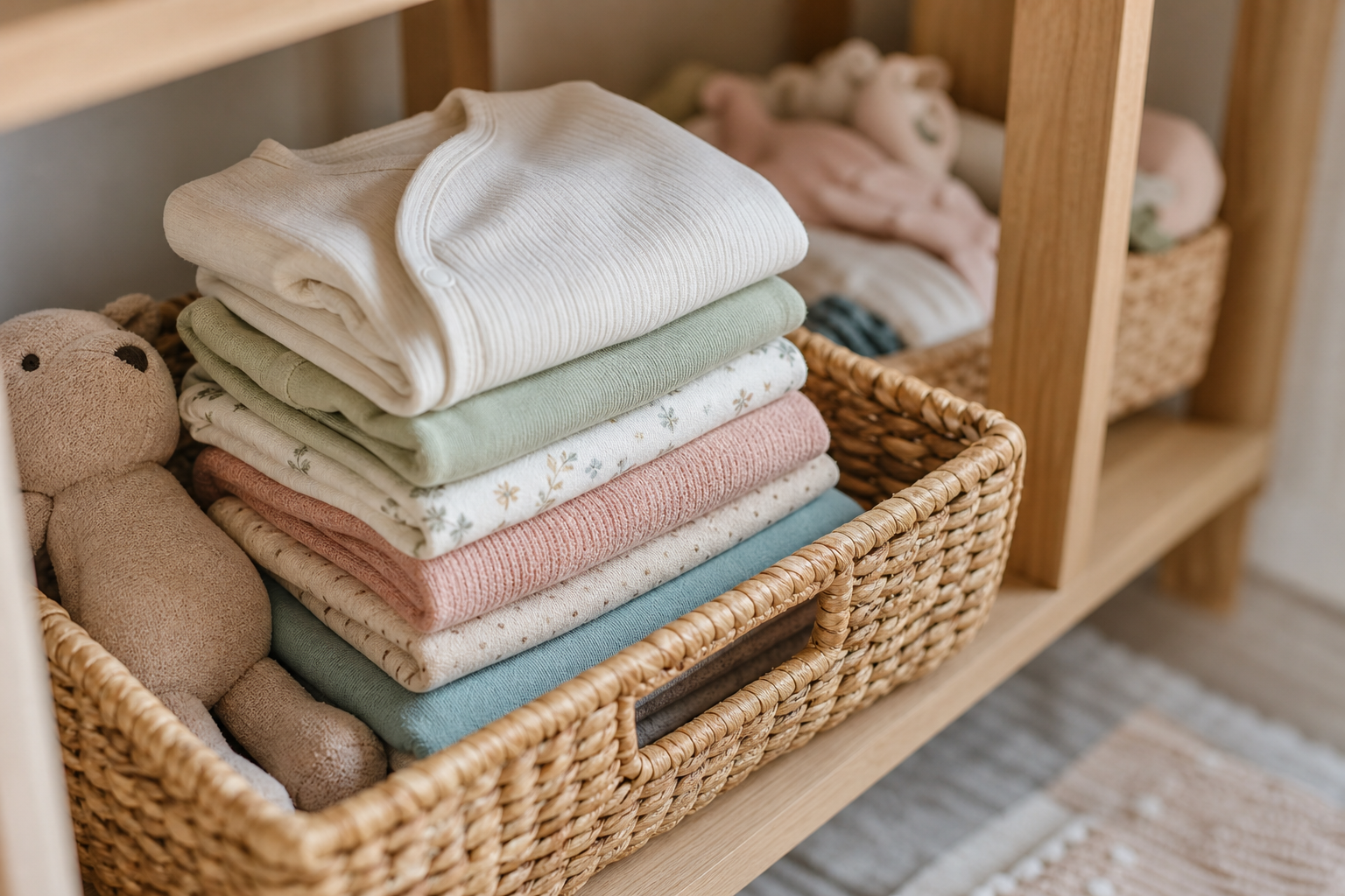 Folded newborn clothes organized for a monthly subscription for newborn clothes rental box