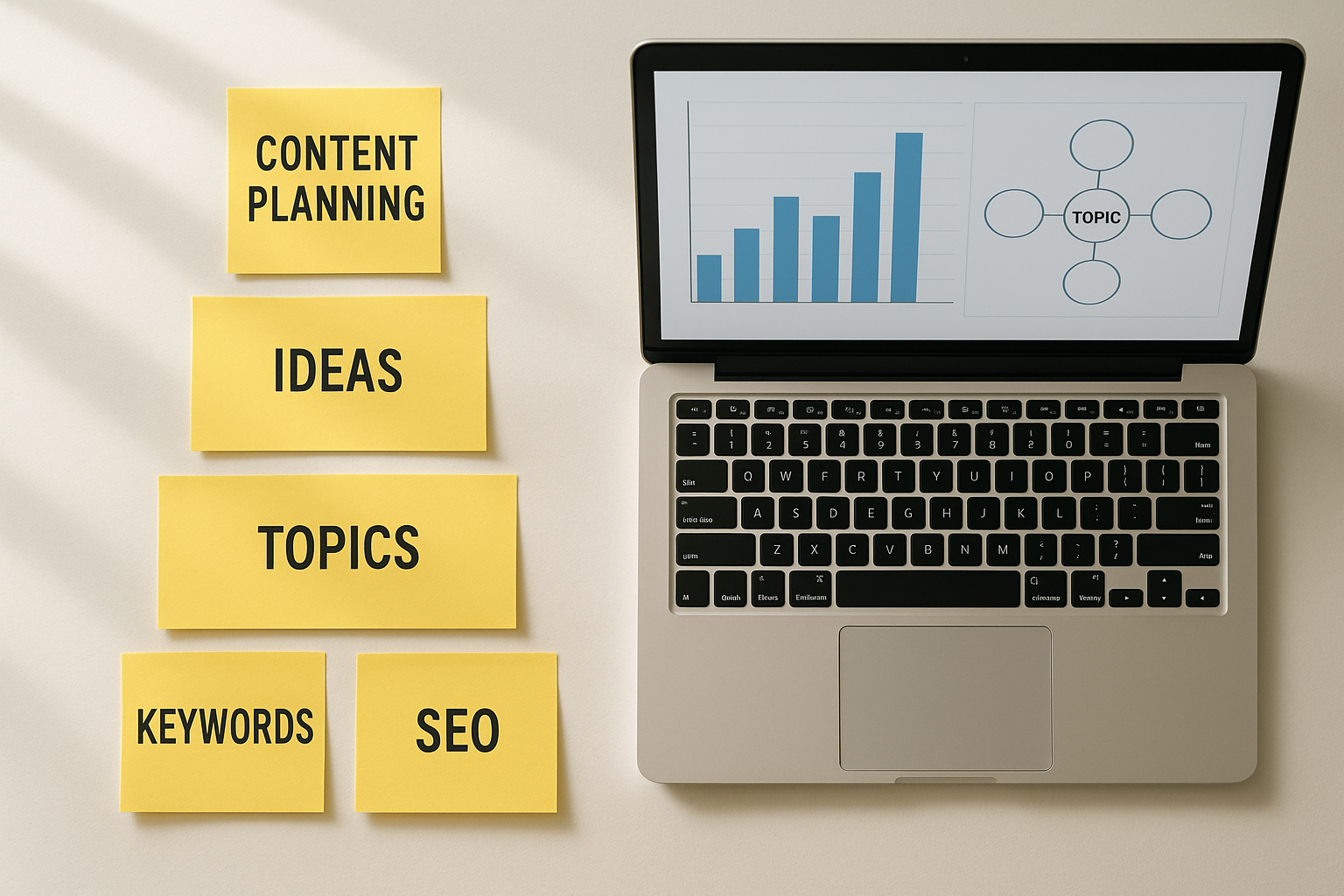 Content planning workflow mapped out with topic clusters and AI-assisted research stages